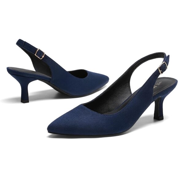 Dream Pairs Women Navy-suede Faux Suede Pointed Toe Slingback Low Kitten Heels - Picture 3 of 7